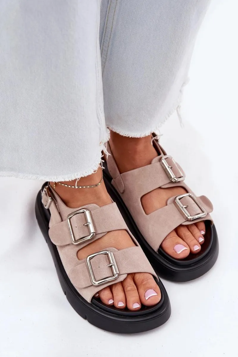 Outlet Big Star Shoes Zamszowe Sandały Damskie Z Klamrami Big Star RR274663 Jasnoróżowe Różowy