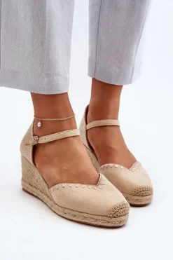Zamszowe Sandały Espadryle Na Koturnie Z Plecionką Beżowe Raylin Damskie Sandały Na Koturnie
