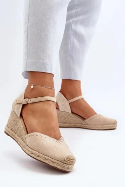 Zamszowe Sandały Espadryle Na Koturnie Z Plecionką Beżowe Raylin Damskie Sandały Na Koturnie