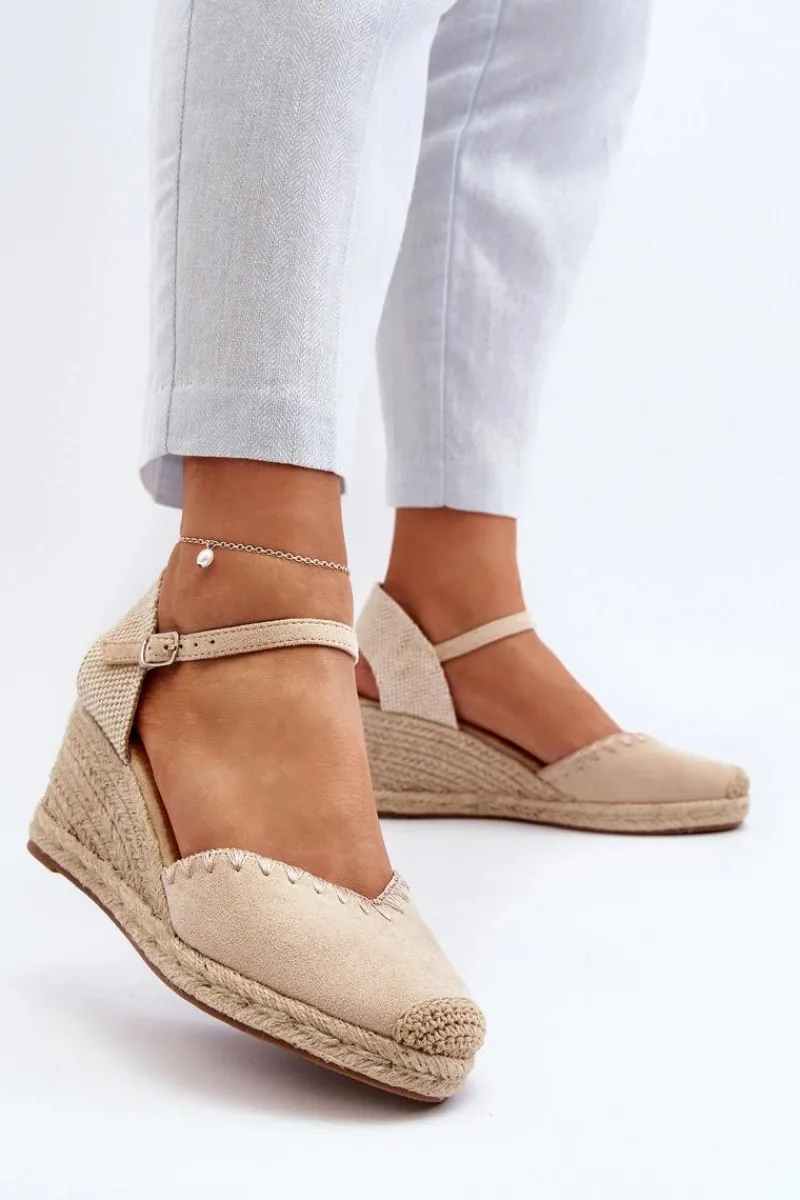 Zamszowe Sandały Espadryle Na Koturnie Z Plecionką Beżowe Raylin Damskie Sandały Na Koturnie