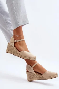 Zamszowe Sandały Espadryle Na Koturnie Z Plecionką Beżowe Raylin Damskie Sandały Na Koturnie