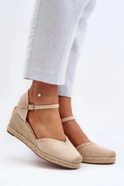 Zamszowe Sandały Espadryle Na Koturnie Z Plecionką Beżowe Raylin Damskie Sandały Na Koturnie