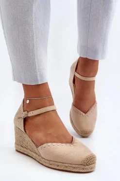 Zamszowe Sandały Espadryle Na Koturnie Z Plecionką Beżowe Raylin Damskie Sandały Na Koturnie