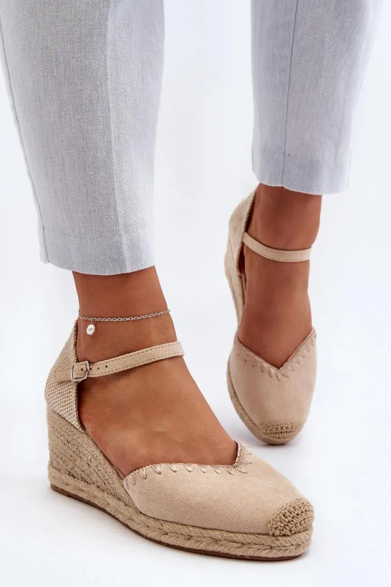 Zamszowe Sandały Espadryle Na Koturnie Z Plecionką Beżowe Raylin Damskie Sandały Na Koturnie