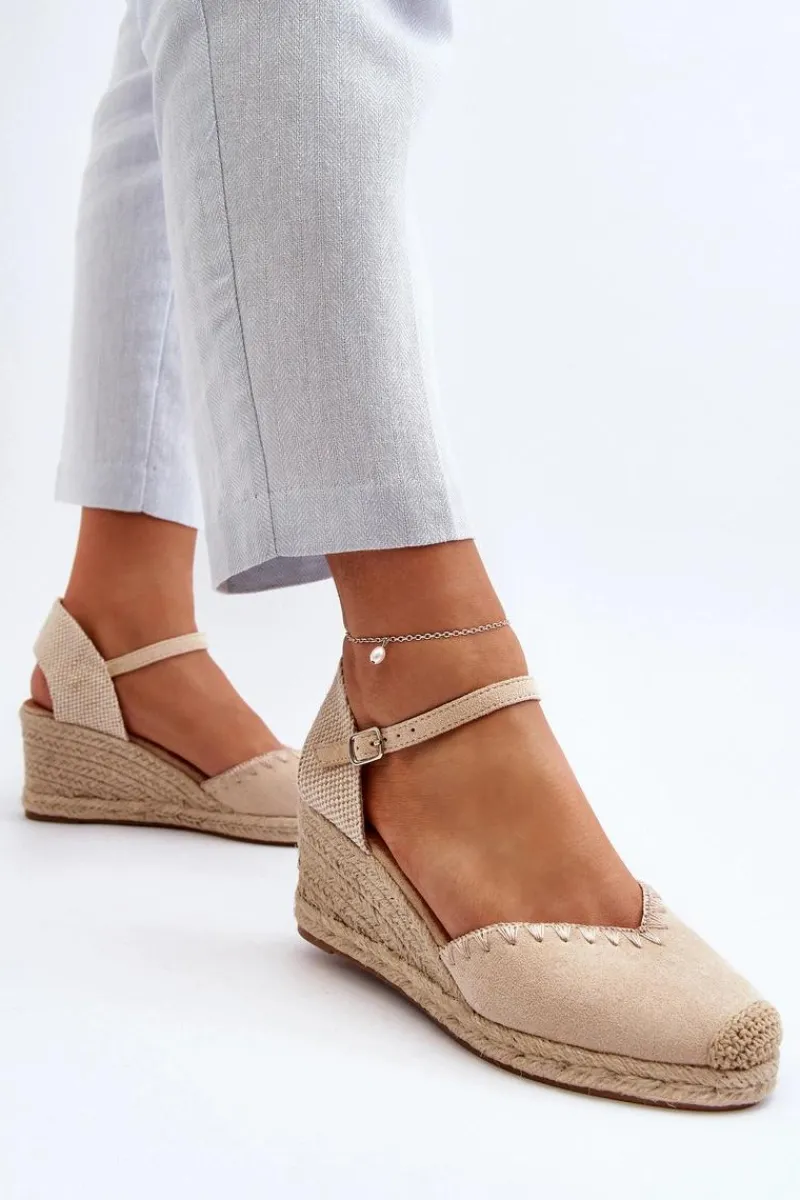 Zamszowe Sandały Espadryle Na Koturnie Z Plecionką Beżowe Raylin Damskie Sandały Na Koturnie