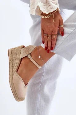 Zamszowe Sandały Espadryle Na Koturnie Z Plecionką Beżowe Raylin Damskie Sandały Na Koturnie