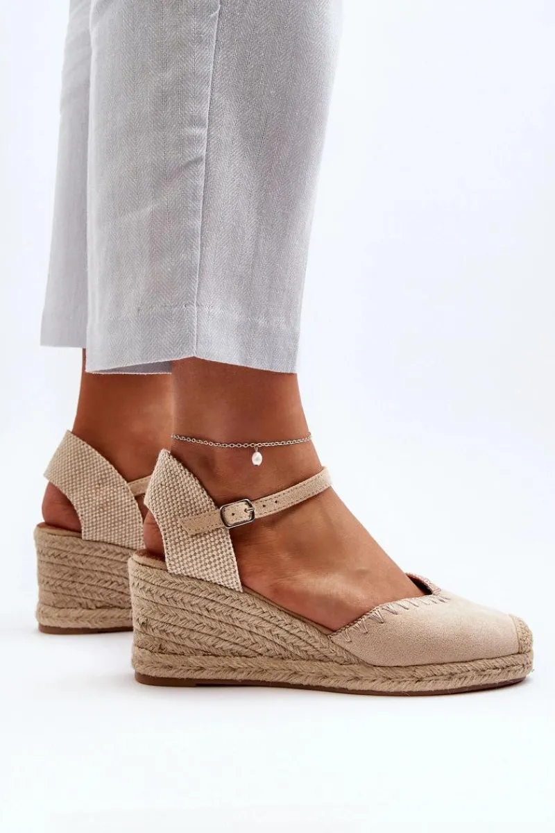 Zamszowe Sandały Espadryle Na Koturnie Z Plecionką Beżowe Raylin Damskie Sandały Na Koturnie