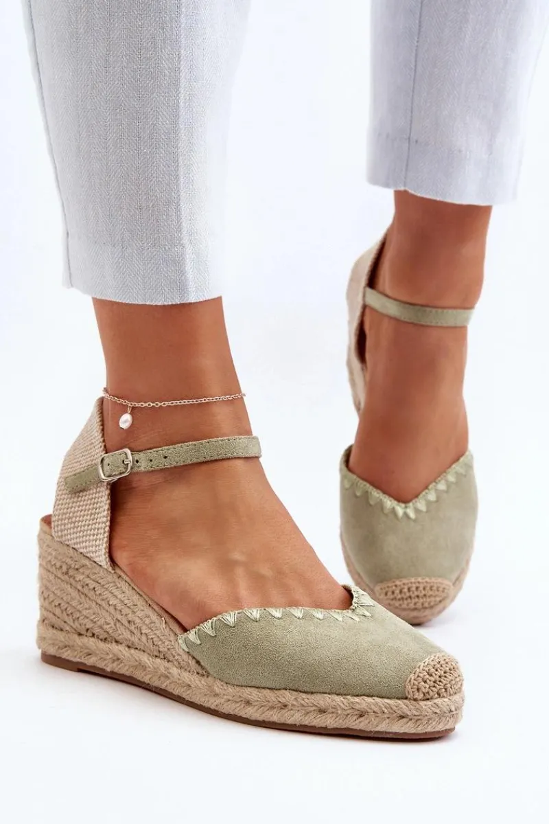 Boto Zamszowe Sandały Espadryle Na Koturnie Z Plecionką Zielone Raylin