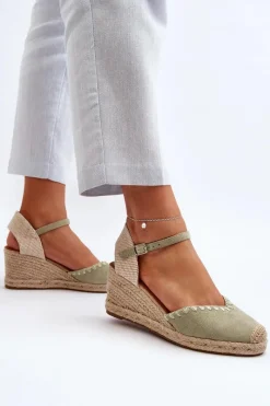 Boto Zamszowe Sandały Espadryle Na Koturnie Z Plecionką Zielone Raylin