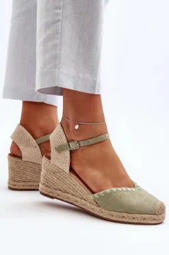 Boto Zamszowe Sandały Espadryle Na Koturnie Z Plecionką Zielone Raylin