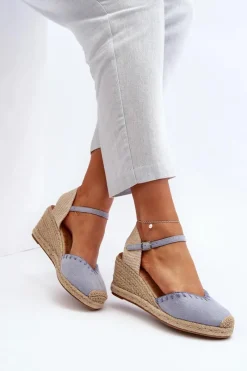 Boto Zamszowe Sandały Espadryle Na Koturnie Z Plecionką Niebieskie Raylin