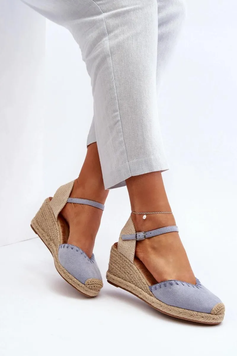 Boto Zamszowe Sandały Espadryle Na Koturnie Z Plecionką Niebieskie Raylin