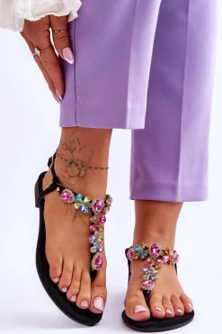 Sandały Płaskie>Boto Zamszowe Sandały Japonki Z Kamieniami Czarne Frency