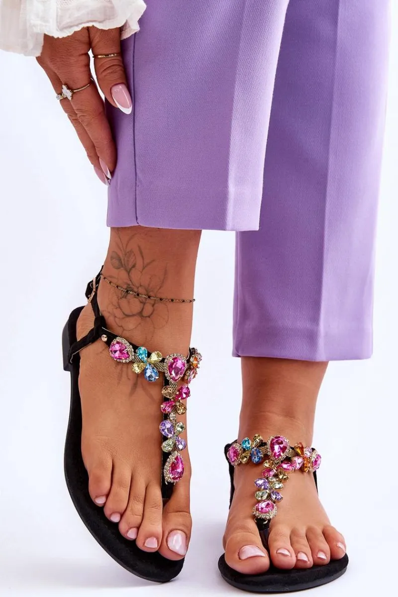 Sandały Płaskie>Boto Zamszowe Sandały Japonki Z Kamieniami Czarne Frency