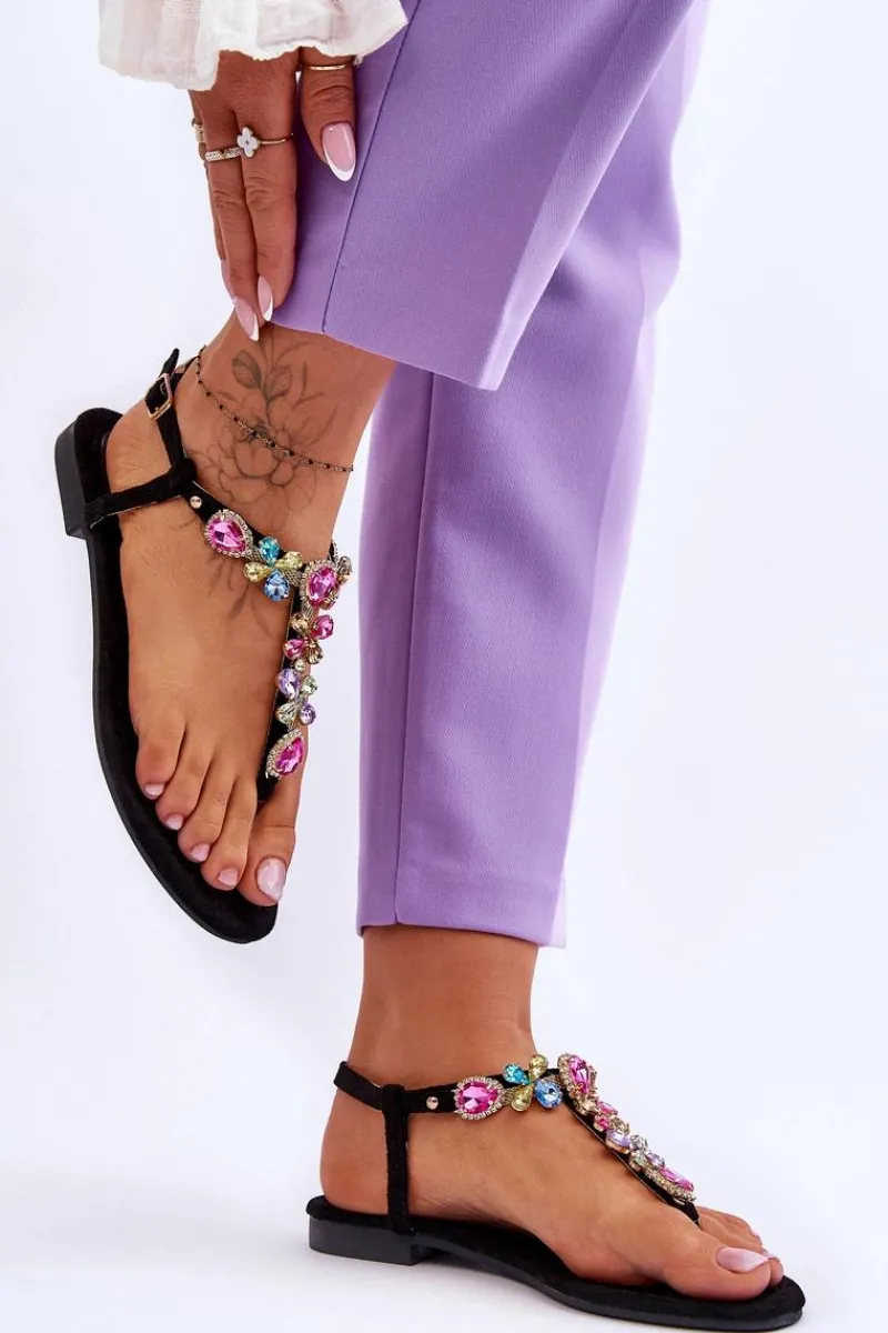 Sandały Płaskie>Boto Zamszowe Sandały Japonki Z Kamieniami Czarne Frency