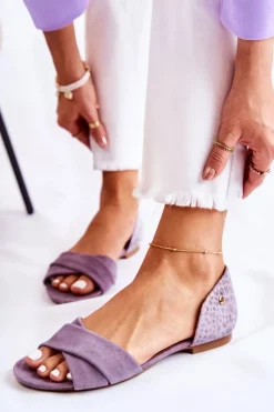 Clearance Zamszowe Sandały 03615-05 Fioletowe Damskie Sandały Płaskie