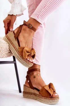 Clearance Boto Zamszowe Sandały Na Koturnie Camel Natina