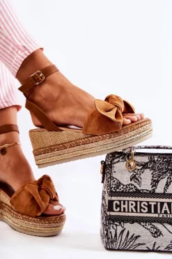 Clearance Boto Zamszowe Sandały Na Koturnie Camel Natina