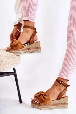 Clearance Boto Zamszowe Sandały Na Koturnie Camel Natina