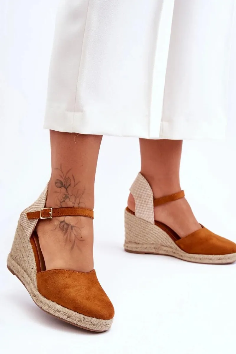 Boto Zamszowe Sandały Na Koturnie Brązowe Selfoss