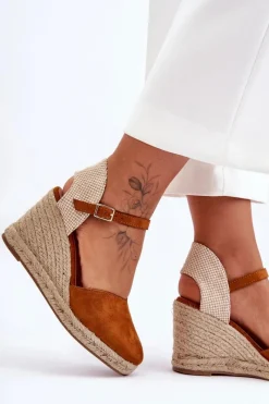 Boto Zamszowe Sandały Na Koturnie Brązowe Selfoss