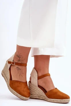 Boto Zamszowe Sandały Na Koturnie Brązowe Selfoss