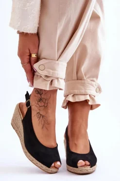 Boto Zamszowe Sandały Na Koturnie Czarne Elsie