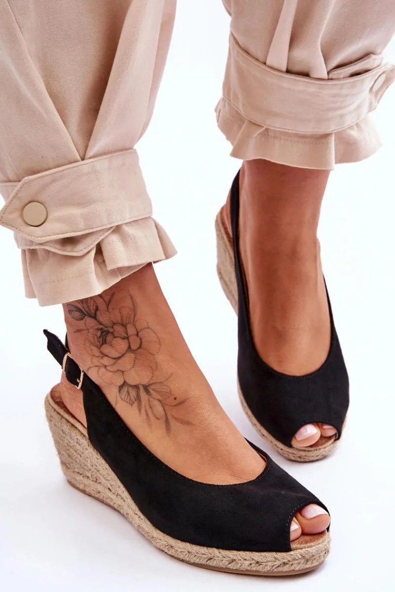 Boto Zamszowe Sandały Na Koturnie Czarne Elsie