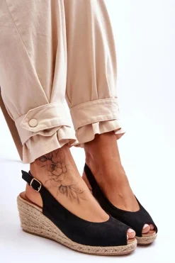 Boto Zamszowe Sandały Na Koturnie Czarne Elsie