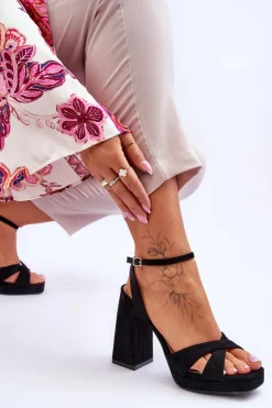 Hot Zamszowe Sandały Na Kwadratowym Obcasie Czarne Powerful Damskie Sandały Na Obcasie