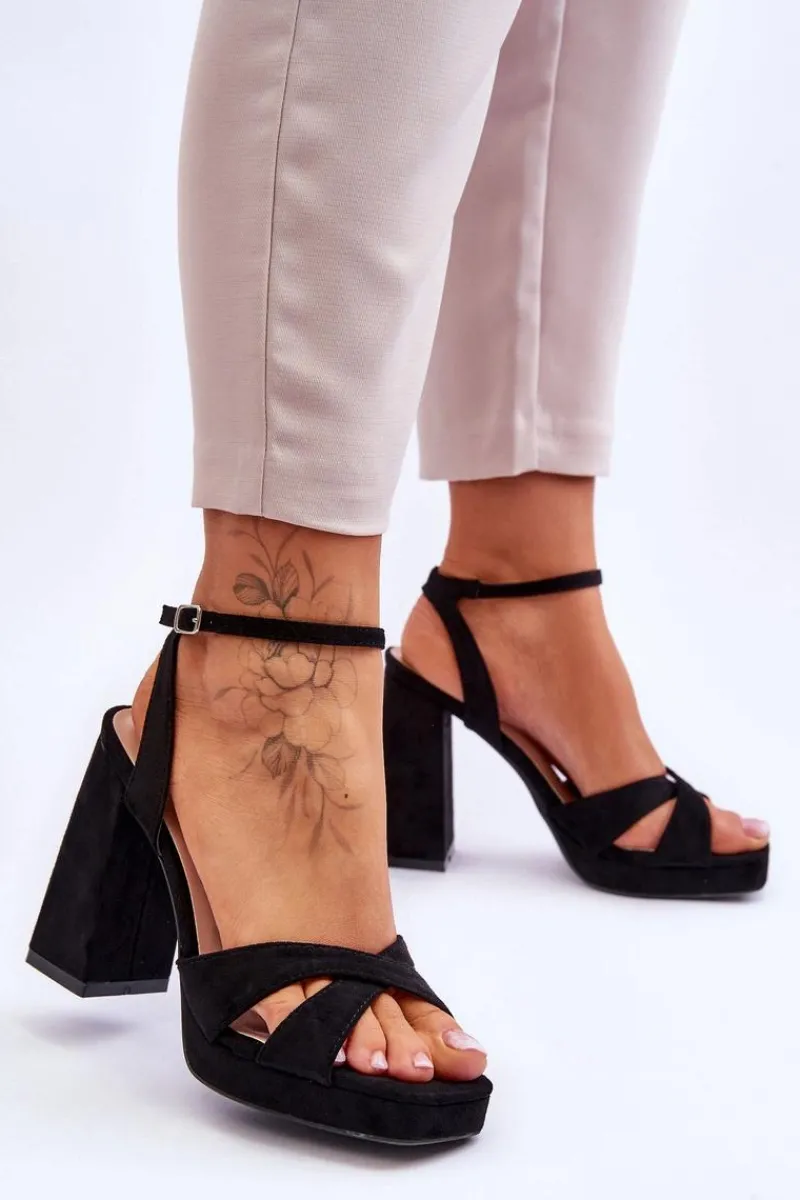 Hot Zamszowe Sandały Na Kwadratowym Obcasie Czarne Powerful Damskie Sandały Na Obcasie