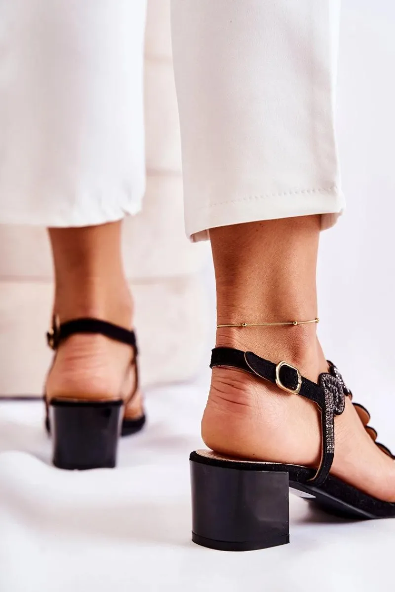 Sale Zamszowe Sandały Na Niskim Obcasie Czarne Wonderland Damskie Sandały Na Obcasie