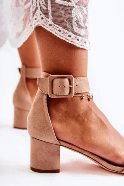 Sale Zamszowe Sandały Na Niskim Słupku Beżowe Graciell Damskie Sandały Na Obcasie