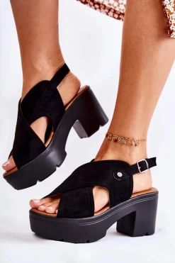 Boto Zamszowe Sandały Na Obcasie Czarne Arlena