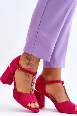 Zamszowe Sandały Na Obcasie Z Cyrkoniami Fuksja Aniya Damskie Sandały Na Obcasie