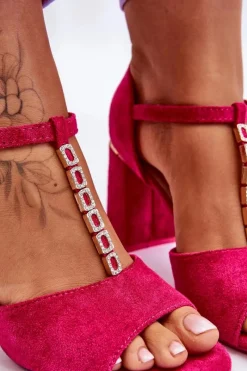 Zamszowe Sandały Na Obcasie Z Cyrkoniami Fuksja Aniya Damskie Sandały Na Obcasie