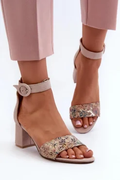 Online Zamszowe Sandały Na Obcasie 04141-49 Beżowe Damskie Sandały Na Obcasie
