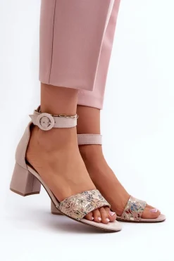 Online Zamszowe Sandały Na Obcasie 04141-49 Beżowe Damskie Sandały Na Obcasie
