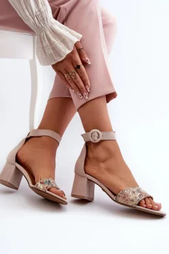 Online Zamszowe Sandały Na Obcasie 04141-49 Beżowe Damskie Sandały Na Obcasie