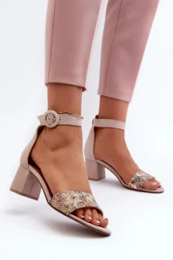Online Zamszowe Sandały Na Obcasie 04141-49 Beżowe Damskie Sandały Na Obcasie