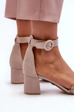 Online Zamszowe Sandały Na Obcasie 04141-49 Beżowe Damskie Sandały Na Obcasie