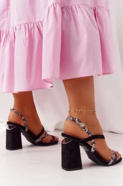 Best Zamszowe Sandały Na Obcasie S.Barski LJ432-1 Czarne Damskie Sandały Na Obcasie