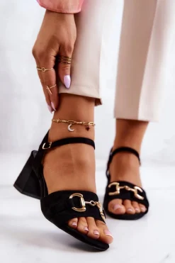 Sale Damskie buty S.Barski Zamszowe Sandały Na Obcasie Z Ozdobą Czarne Darlen