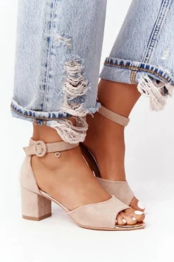 Hot Zamszowe Sandały Na Obcasie Vinceza 23-20100 Beżowe Damskie Sandały Na Obcasie