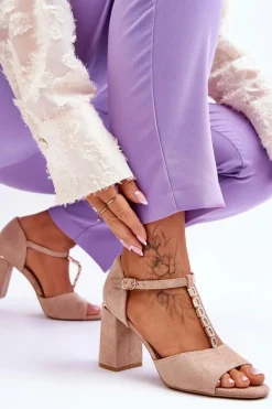 Discount Zamszowe Sandały Na Obcasie Z Cyrkoniami Beżowe Aniya Damskie Sandały Na Obcasie