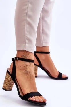 Clearance Zamszowe Sandały Na Plecionym Słupku Czarne Selila Damskie Sandały Na Słupku|Sandały Na Obcasie