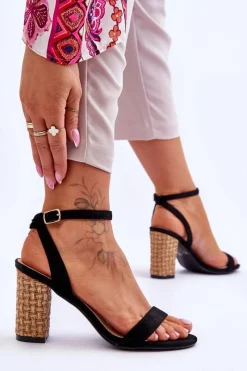Clearance Zamszowe Sandały Na Plecionym Słupku Czarne Selila Damskie Sandały Na Słupku|Sandały Na Obcasie