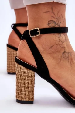 Clearance Zamszowe Sandały Na Plecionym Słupku Czarne Selila Damskie Sandały Na Słupku|Sandały Na Obcasie