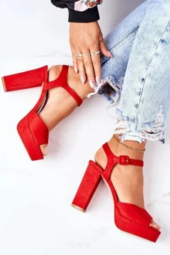 Clearance Zamszowe Sandały Na Słupku Czerwone Camilia Damskie Sandały Na Obcasie