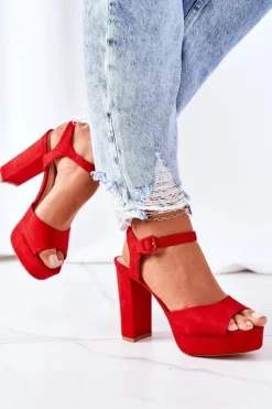 Clearance Zamszowe Sandały Na Słupku Czerwone Camilia Damskie Sandały Na Obcasie